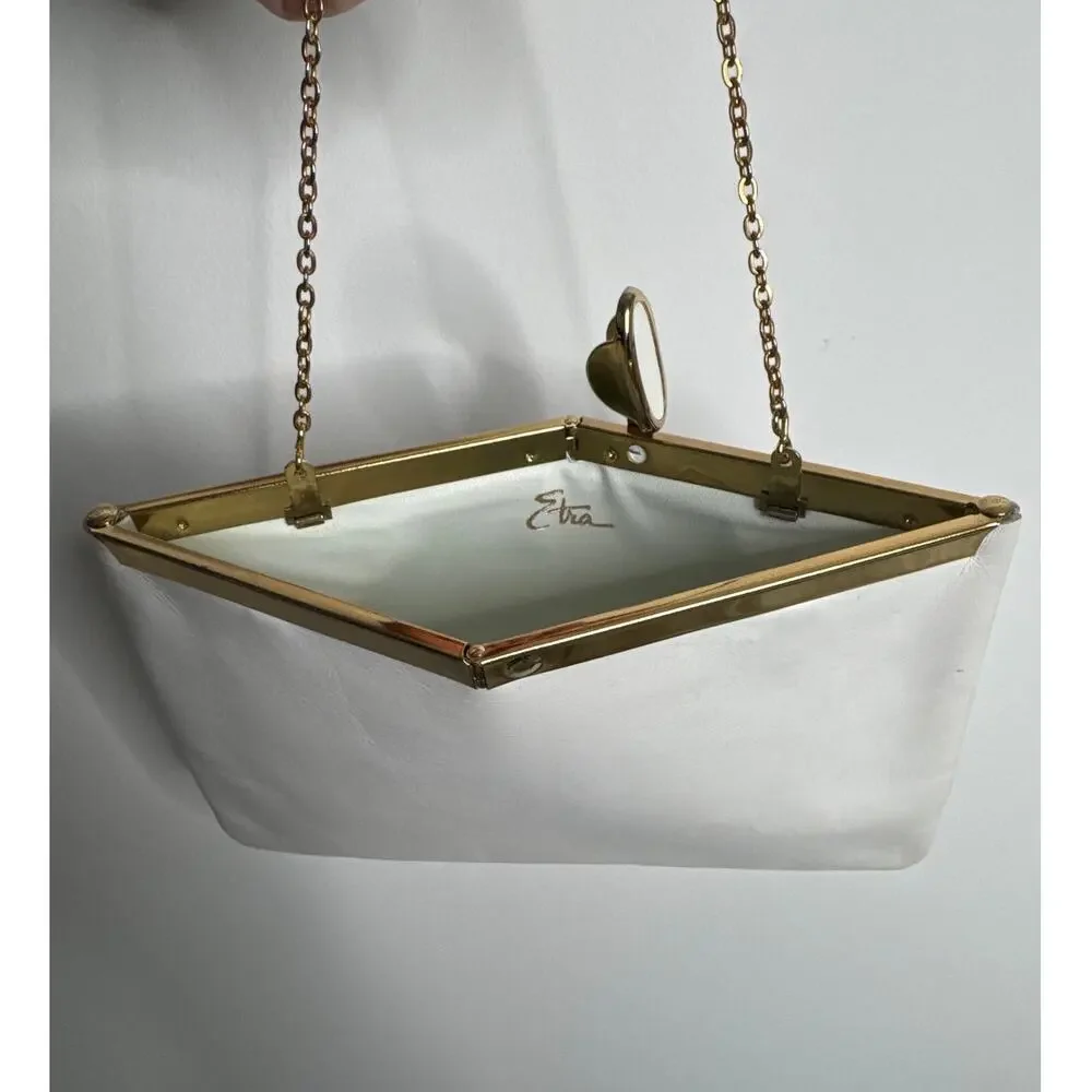 70s Etra white clutch with gold metal frame and matching gold chain strap